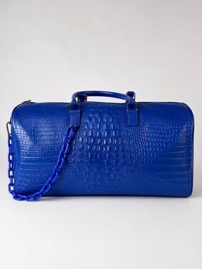 Blue Croc-Embossed Leather Weekender Duffel Bag